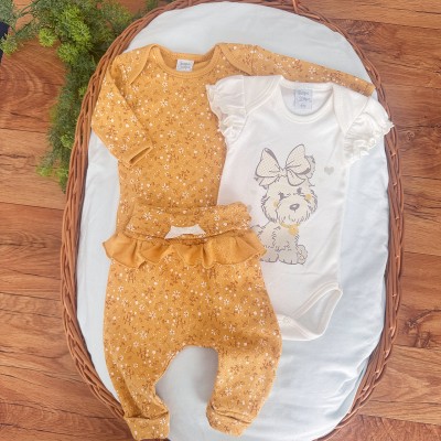 Conj. de Malha 3 peças Poodle com Lacinho Amarelo - Mostarda e Off White